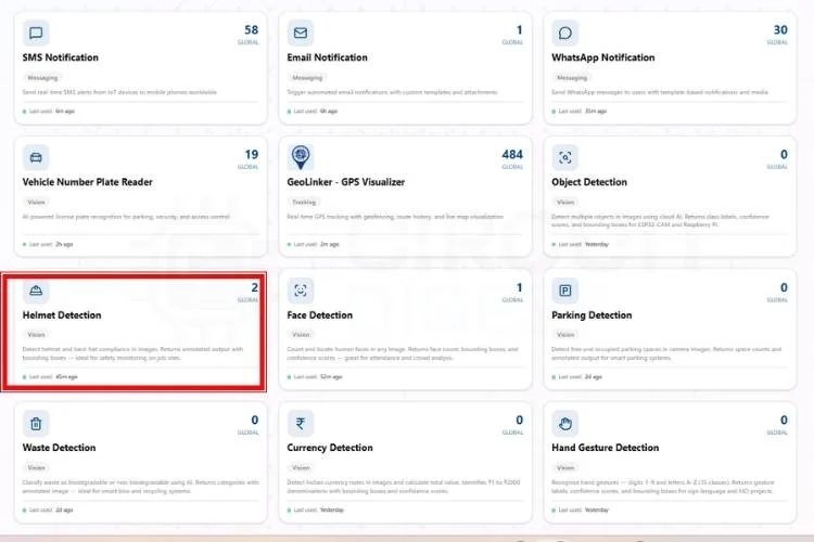 Comment créer une détection de casque avec Raspberry Pi à l'aide de CircuitDigest Cloud 2 Page d'accueil de CircuitDigest Cloud affichant la carte de fonctionnalité de l'API de détection de casque