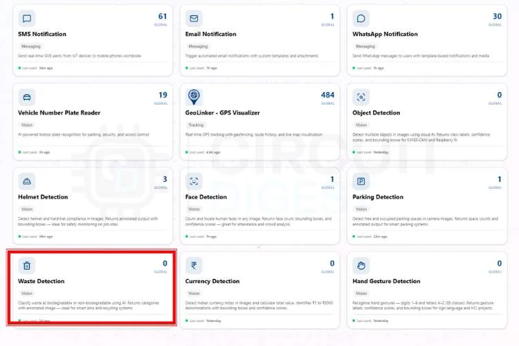 Comment créer un système de tri des déchets Raspberry Pi à l'aide de CircuitDigest Cloud 2 Page d'accueil de CircuitDigest Cloud affichant la section API de détection des déchets