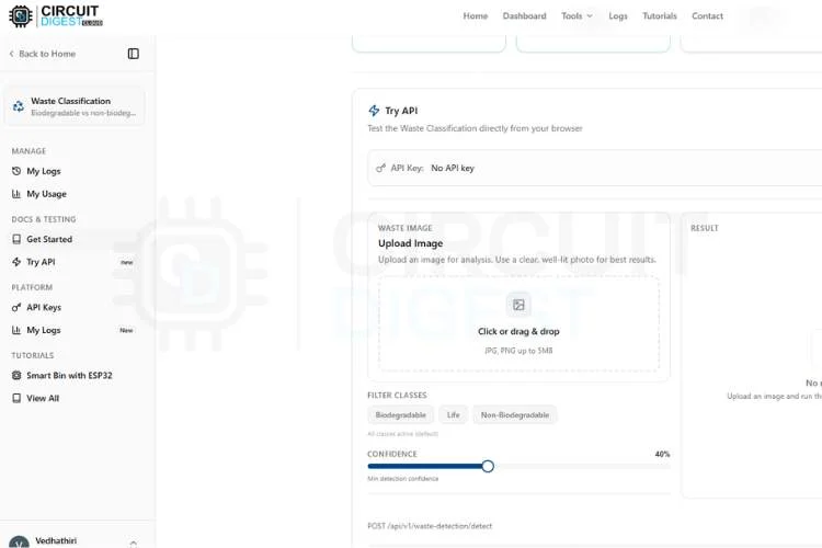 Comment créer un système de tri des déchets Raspberry Pi à l'aide de CircuitDigest Cloud 3 Essayez la section API de CircuitDigest Cloud avec le curseur de seuil de confiance pour la détection des déchets