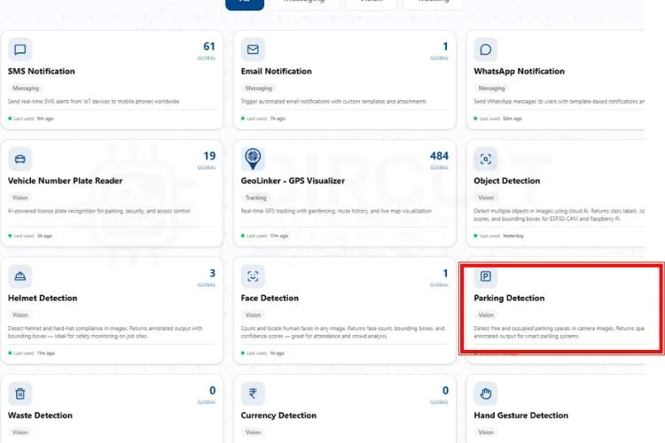 Comment créer un système de détection de places de stationnement basé sur l'IoT à l'aide de Raspberry Pi et CircuitDigest Cloud 2 Page d'accueil de CircuitDigest Cloud affichant l'option de fonctionnalité de détection de place de stationnement