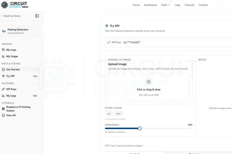 Comment créer un système de détection de places de stationnement basé sur l'IoT à l'aide de Raspberry Pi et CircuitDigest Cloud 3 Section API CircuitDigest Cloud Try avec curseur de seuil de confiance pour la détection des places de stationnement