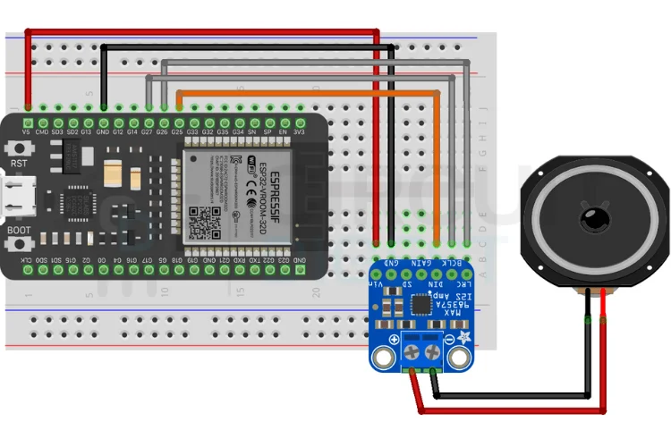 Schéma de câblage complet montrant l'ESP32 DevKit connecté à l'amplificateur MAX98357A pour les projets de synthèse vocale