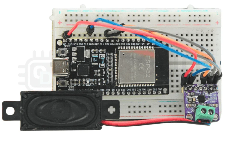 Créez une synthèse vocale ESP32 à l'aide de Wit.ai 3 Assemblage de planche à pain montrant les connexions physiques entre le microcontrôleur ESP32 et le module amplificateur MAX98357A