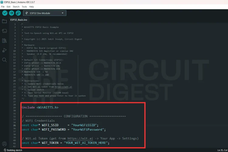 Créez une synthèse vocale ESP32 à l'aide de Wit.ai 6 Capture d'écran de l'IDE Arduino montrant où saisir les informations d'identification WiFi et le jeton API Wit.ai dans le croquis ESP32