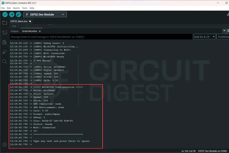 Créez une synthèse vocale ESP32 à l'aide de Wit.ai 7 Journal de la bibliothèque WitAITTS indiquant que la connexion à Internet est établie