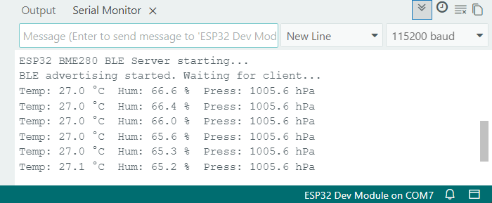 ESP32 Web BLE : visualisation des données du capteur en direct (graphiques BME280) 13 Appareil ESP32 BLE avec BME280 en attente d'une connexion.