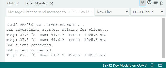 ESP32 Web BLE : visualisation des données du capteur en direct (graphiques BME280) 21 Client ESP32 BLE connecté