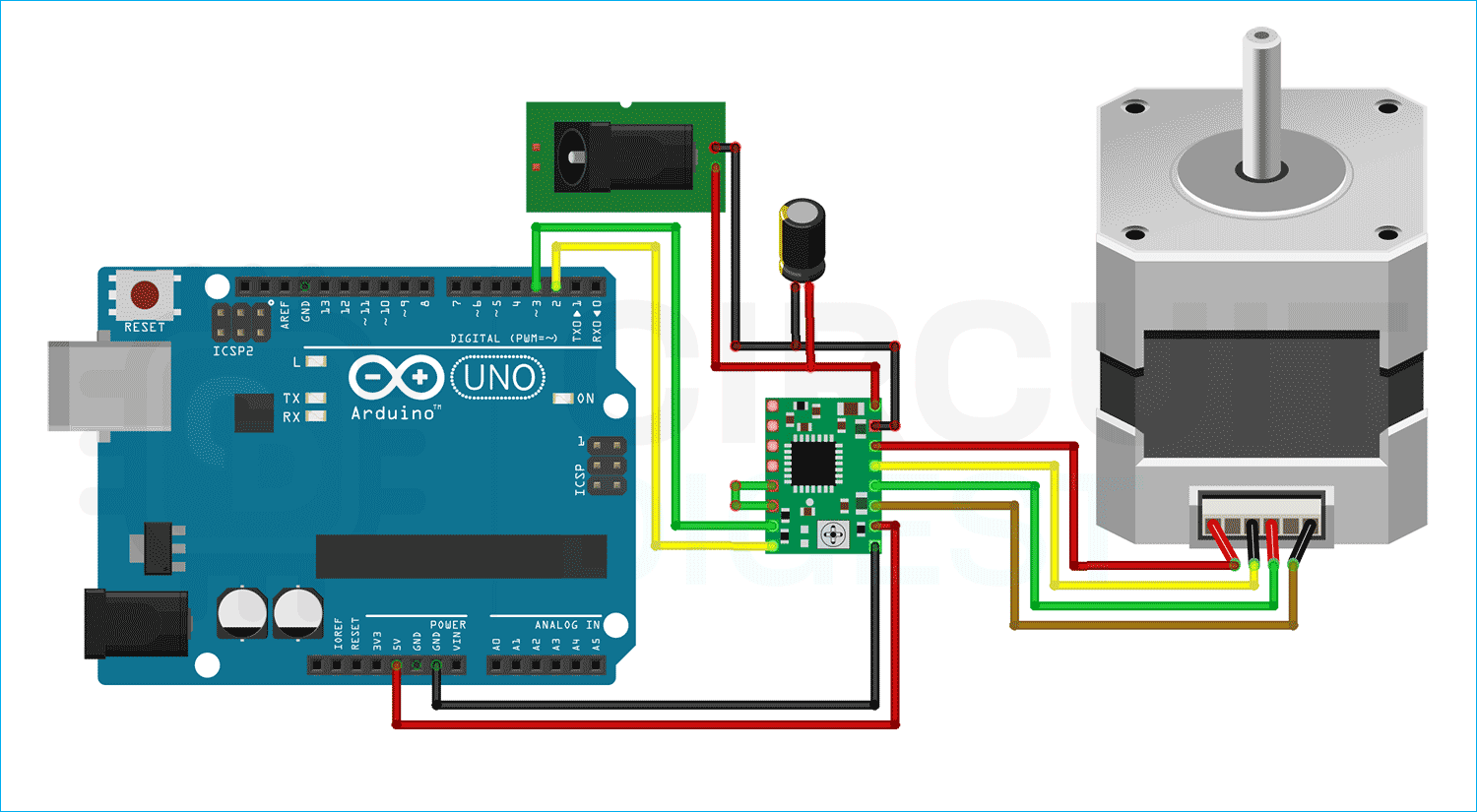 Schéma de circuit de l'interface du moteur pas à pas A4988 avec Arduino Schéma de circuit de l'interface du moteur pas à pas A4988 avec Arduino