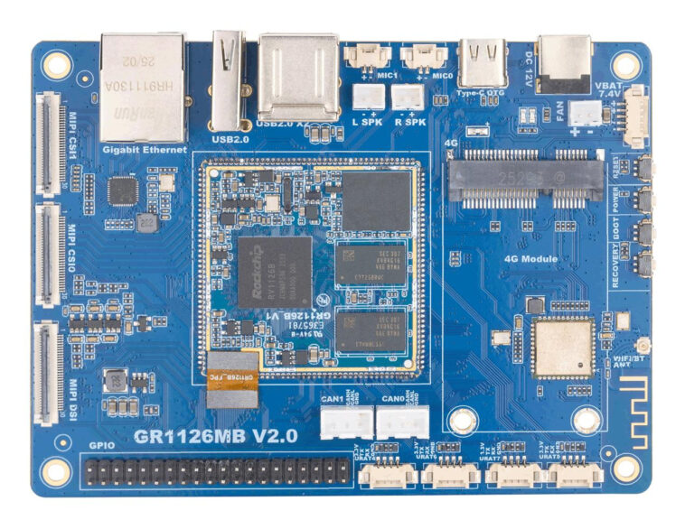Graperain GR1126MB : Carte de développement AI Vision basée sur Rockchip RV1126B 1 La carte de développement Graperain GR1126MB comprend 3 modules TOPS Rockchip RV1126B AI Vision à souder