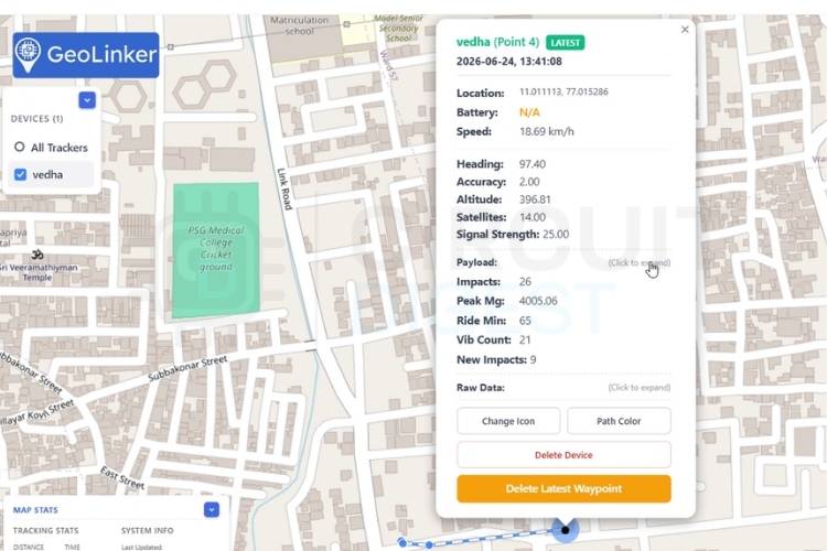 Tableau de bord de suivi des colis en direct affichant les données de points de cheminement, le nombre d'impacts et l'emplacement sur CircuitDigest Cloud
