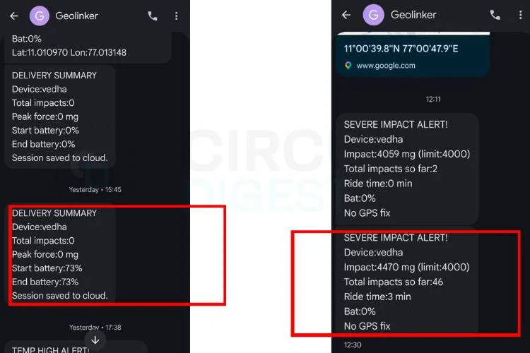 Comment créer un système intelligent de suivi des colis à l'aide de l'IoT 3 Notifications d'alerte SMS du système intelligent de suivi des colis affichant des rapports d'impact et de synthèse