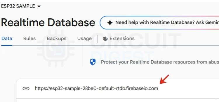 Copie de l'URL de la base de données en temps réel Firebase pour le code ESP32