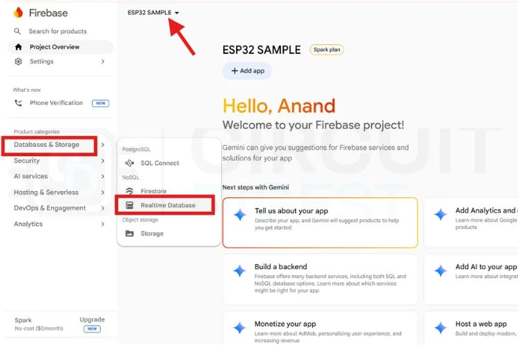 Tableau de bord de présentation du projet Firebase après la création du projet