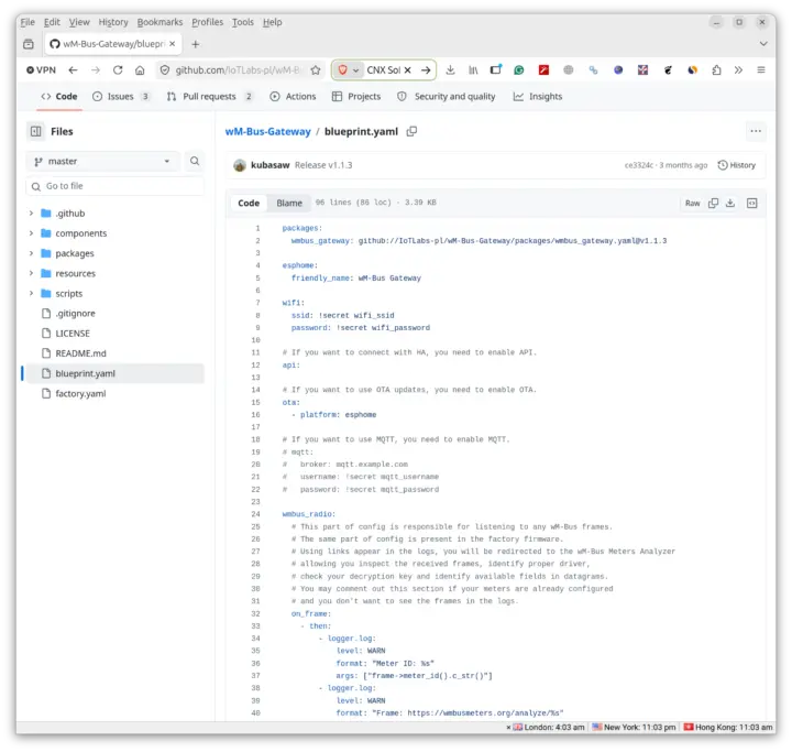 Fichier de configuration YAML de la passerelle wM-Bus ESPHome