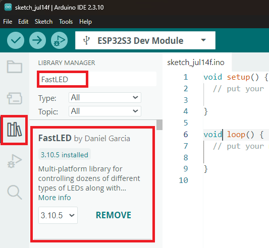 ESP32 : LED RVB adressables WS2812B (Neopixels) - Arduino IDE 9 Installation de la bibliothèque Neopixel FastLED LED RVB adressable WS2812B Arduino IDE