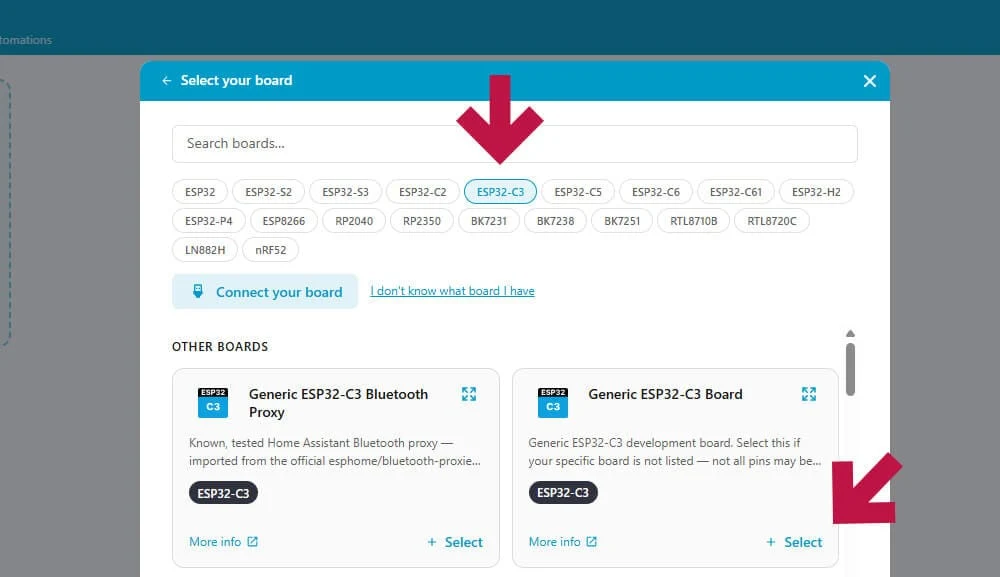 Intégrer un capteur radar KW007 dans Home Assistant avec ESPHome 3 Interface de sélection de la carte dans ESPHome Device Builder