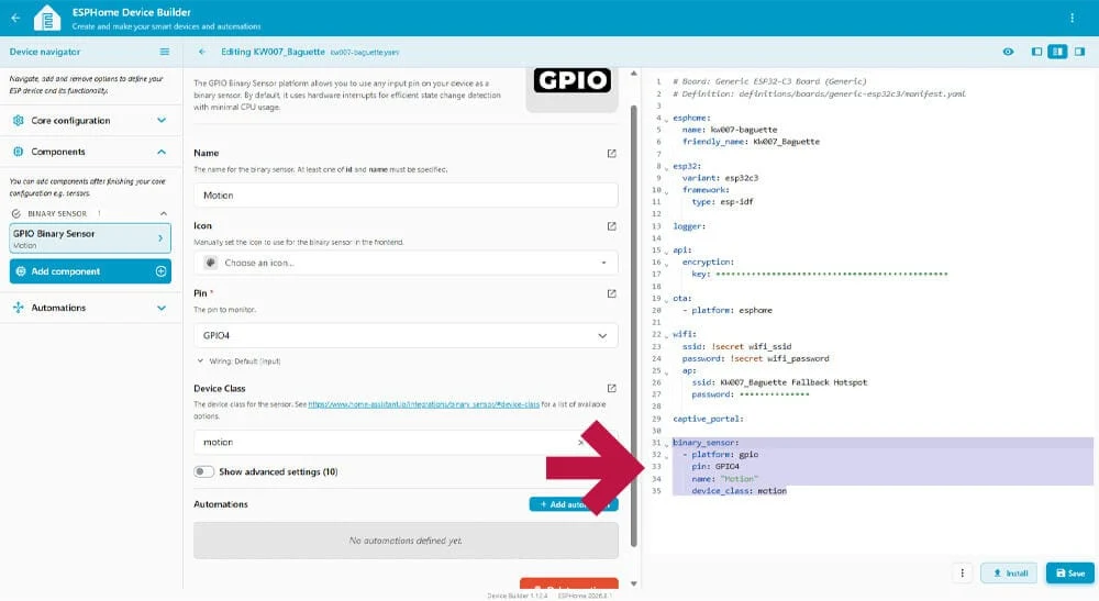 Intégrer un capteur radar KW007 dans Home Assistant avec ESPHome 4 Ajout du code YAML pour le capteur binaire dans ESPHome