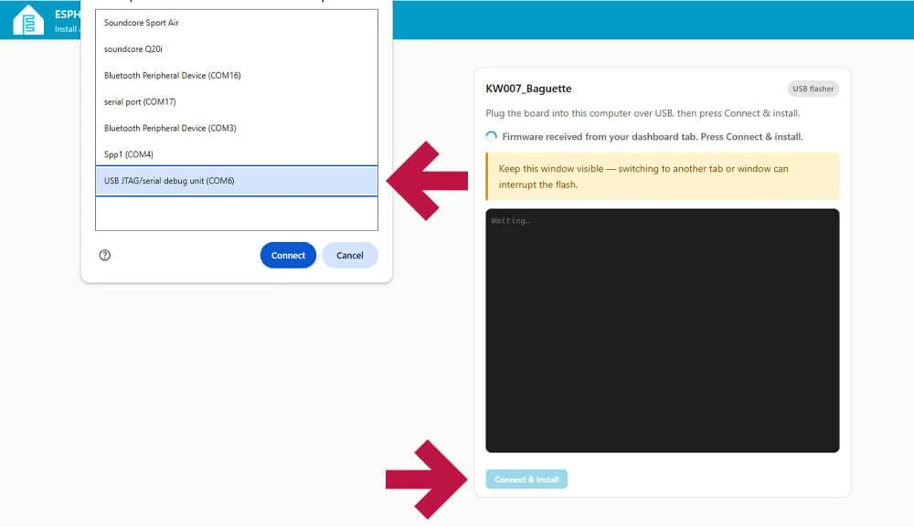 Intégrer un capteur radar KW007 dans Home Assistant avec ESPHome 5 Sélection du port de la carte dans l'outil de flash USB