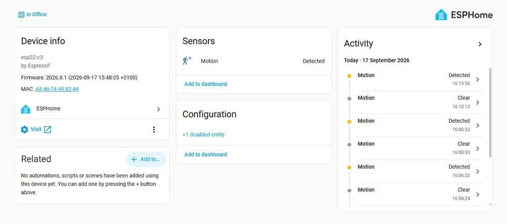 Intégrer un capteur radar KW007 dans Home Assistant avec ESPHome 6 Page de l'appareil KW007 dans l'interface Home Assistant