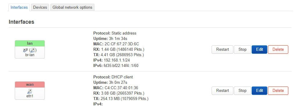Interface web d'OpenWrt montrant le menu Réseau